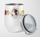 Border Collie Pink Flowers Stainless Steel 12 oz Stemless Wine Glass CK4258TBL12