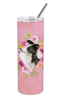 Border Collie Pink Flowers Double Walled Stainless Steel 20 oz Skinny Tumbler CK4258TBL20