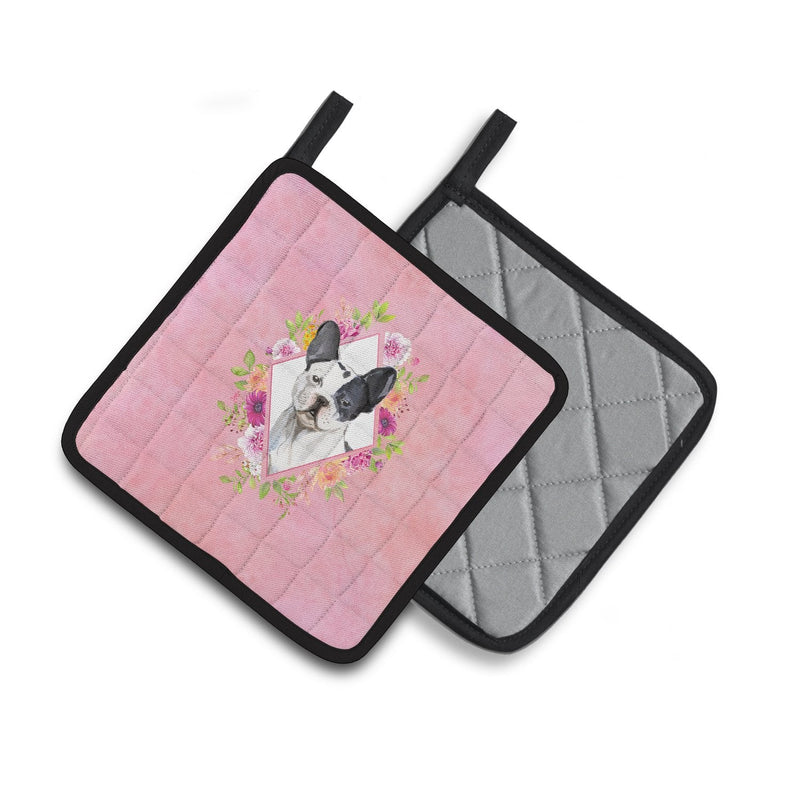 Black and White Frenchie Pink Flowers Pair of Pot Holders CK4260PTHD