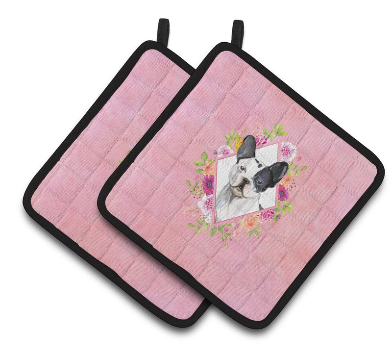 Black and White Frenchie Pink Flowers Pair of Pot Holders CK4260PTHD