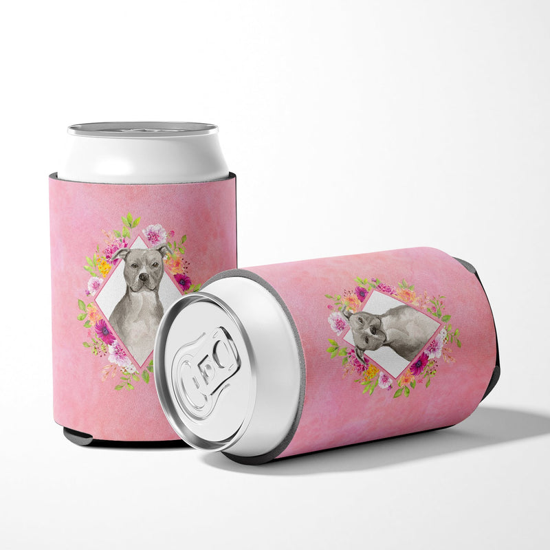 Blue Pit Bull Terrier Pink Flowers Can or Bottle Hugger CK4269CC