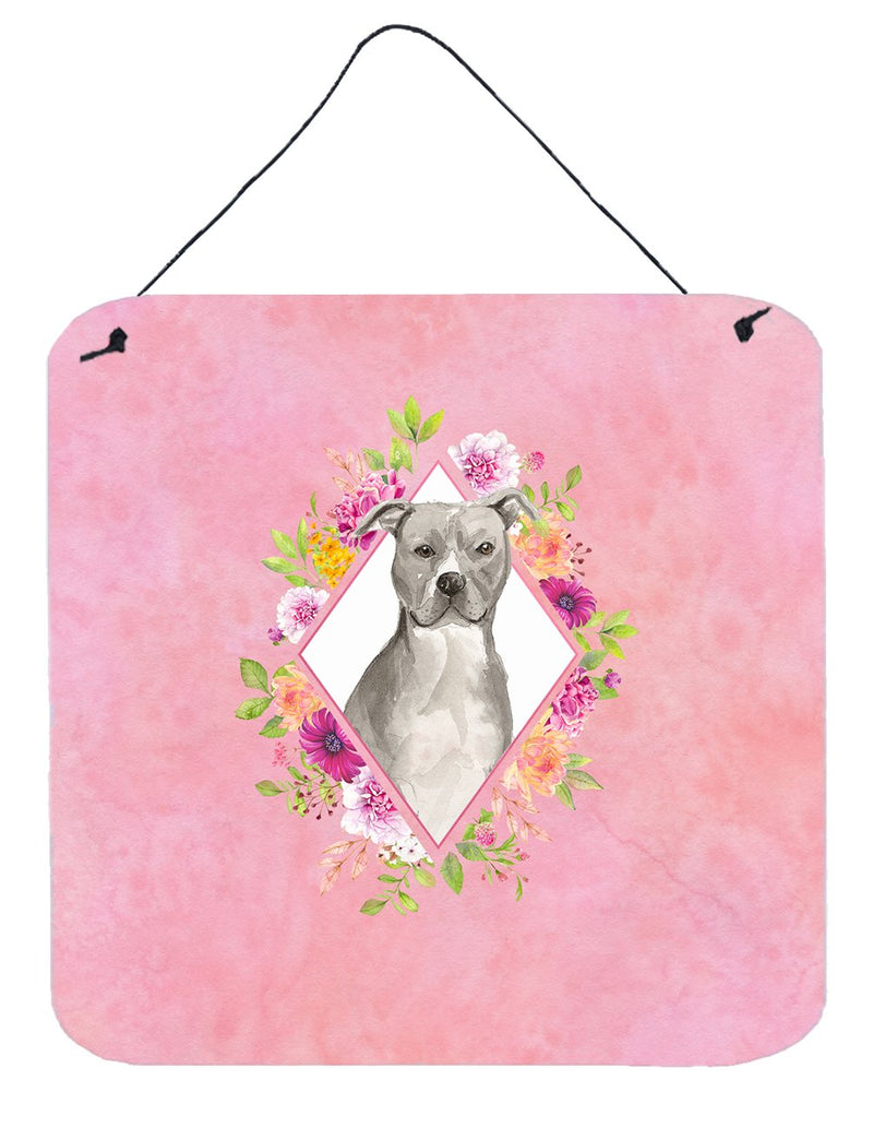Blue Pit Bull Terrier Pink Flowers Wall or Door Hanging Prints CK4269DS66