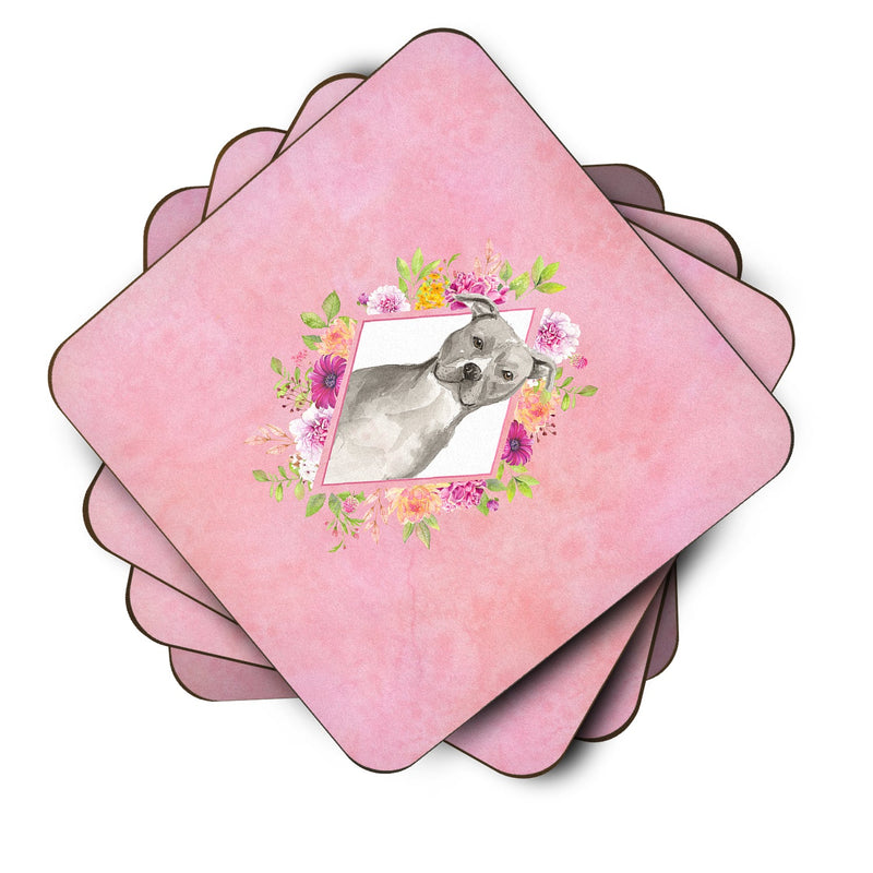 Blue Pit Bull Terrier Pink Flowers Coasters - Set of 4 Lightweight Foam, Absorbent Drink Coasters  CK4269FC