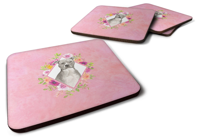 Blue Pit Bull Terrier Pink Flowers Coasters - Set of 4 Lightweight Foam, Absorbent Drink Coasters  CK4269FC