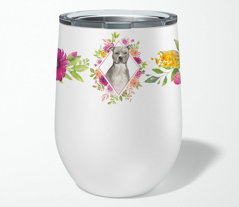 Blue Pit Bull Terrier Pink Flowers Stainless Steel 12 oz Stemless Wine Glass CK4269TBL12