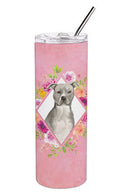 Blue Pit Bull Terrier Pink Flowers Double Walled Stainless Steel 20 oz Skinny Tumbler CK4269TBL20