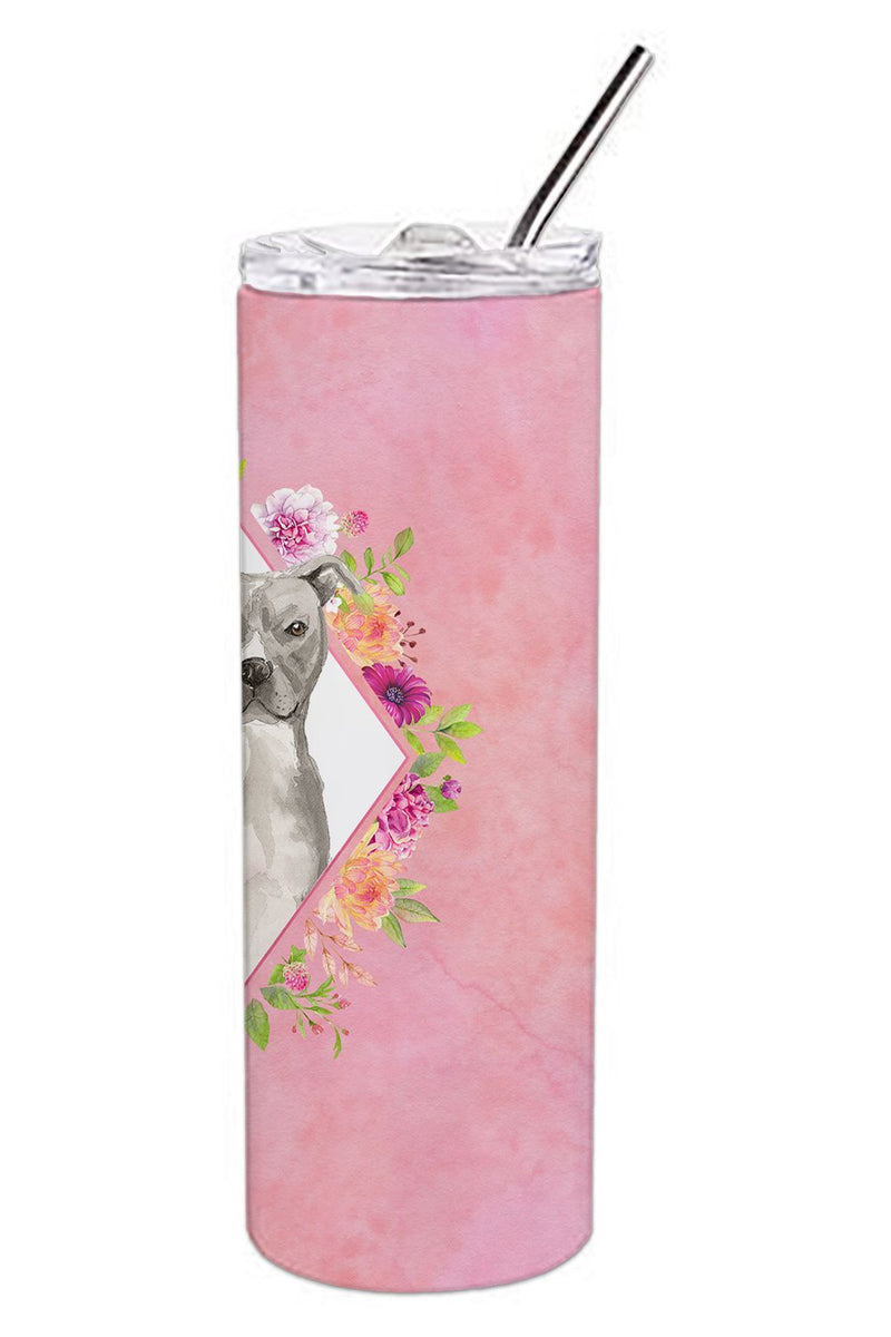 Blue Pit Bull Terrier Pink Flowers Double Walled Stainless Steel 20 oz Skinny Tumbler CK4269TBL20