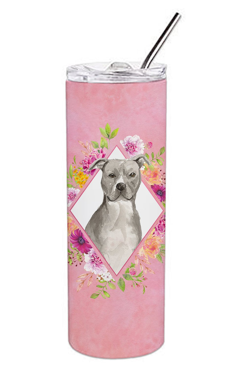 Blue Pit Bull Terrier Pink Flowers Double Walled Stainless Steel 20 oz Skinny Tumbler CK4269TBL20