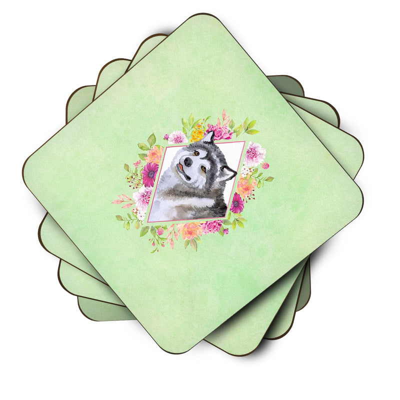 Alaskan Malamute Green Flowers Coasters - Set of 4 Lightweight Foam, Absorbent Drink Coasters  CK4272FC
