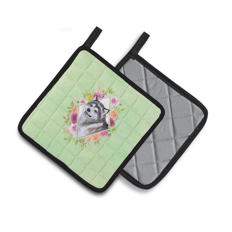 Alaskan Malamute Green Flowers Pair of Pot Holders CK4272PTHD