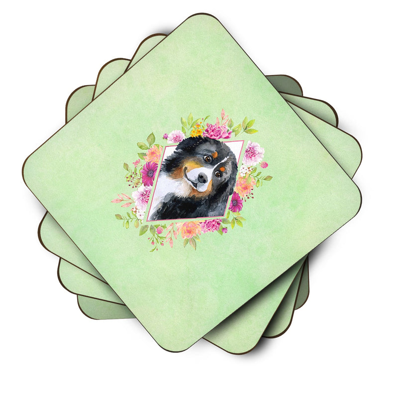 Bernese Mountain Dog Green Flowers Coasters - Set of 4 Lightweight Foam, Absorbent Drink Coasters  CK4278FC