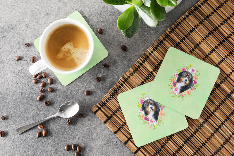 Bernese Mountain Dog Green Flowers Coasters - Set of 4 Lightweight Foam, Absorbent Drink Coasters  CK4278FC