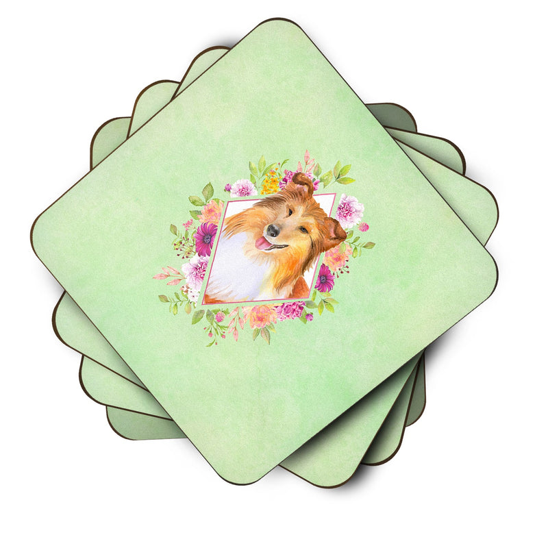 Set of 4 Sheltie Shetland Sheepdog Green Flowers Foam Coasters Set of 4 CK4342FC