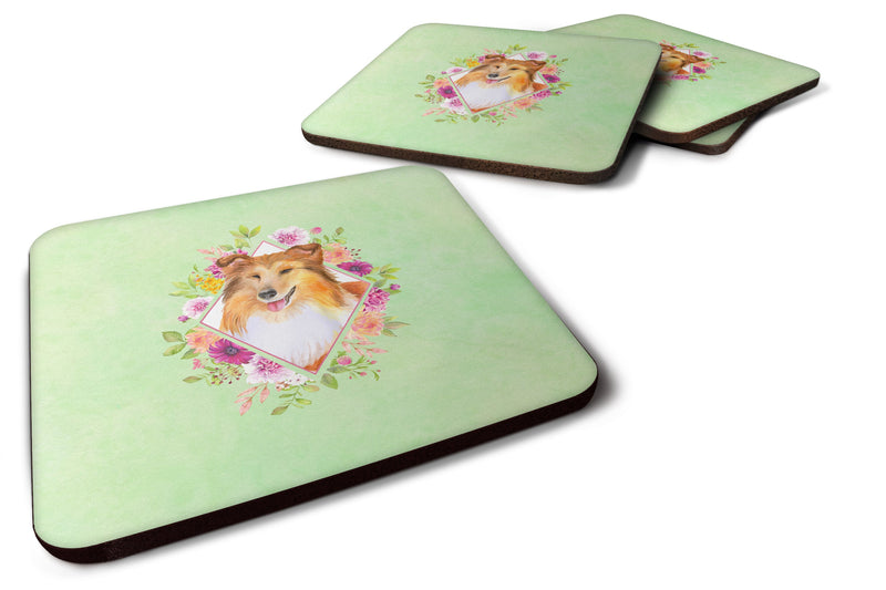 Set of 4 Sheltie Shetland Sheepdog Green Flowers Foam Coasters Set of 4 CK4342FC