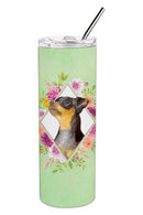 Black Miniature Pinscher Green Flowers Double Walled Stainless Steel 20 oz Skinny Tumbler CK4356TBL20