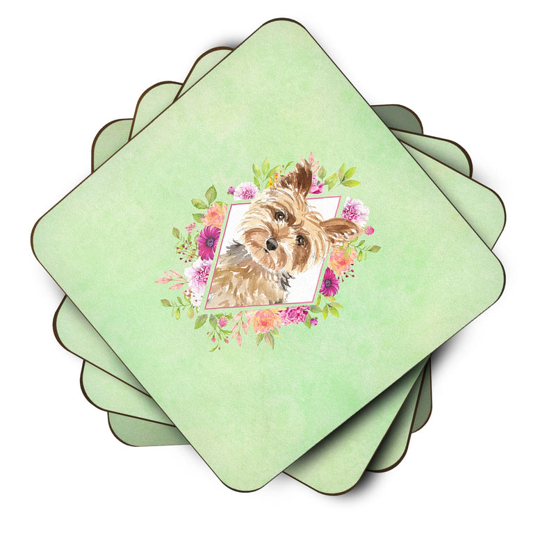 Set of 4 Yorkie Green Flowers Foam Coasters Set of 4 CK4357FC