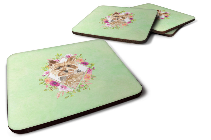 Set of 4 Yorkie Green Flowers Foam Coasters Set of 4 CK4357FC