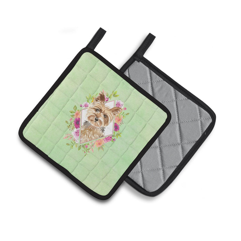 Yorkie Green Flowers Pair of Pot Holders CK4357PTHD