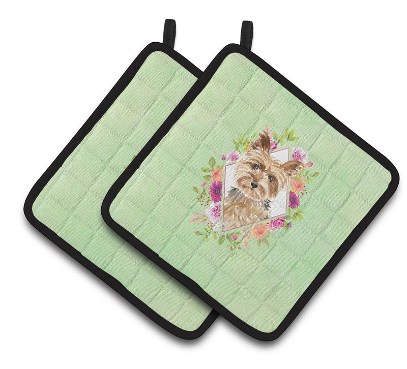 Yorkie Green Flowers Pair of Pot Holders CK4357PTHD