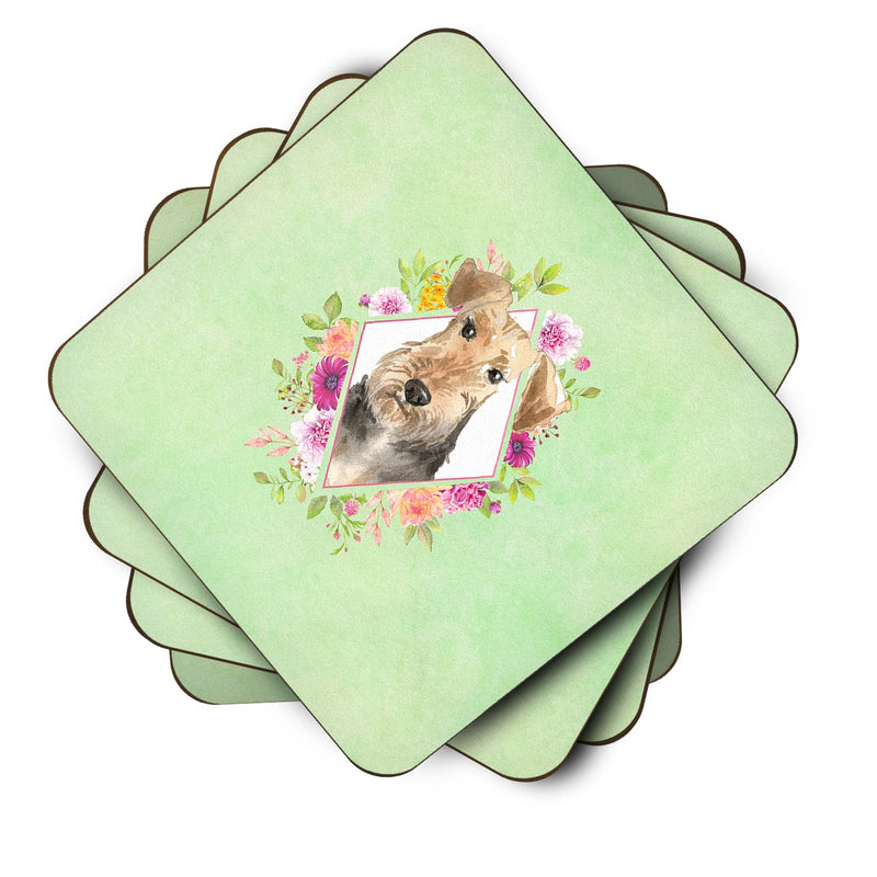 Airedale Terrier Green Flowers Coasters - Set of 4 Lightweight Foam, Absorbent Drink Coasters  CK4364FC