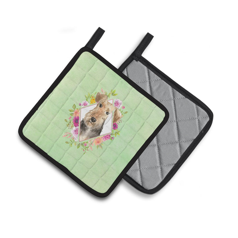 Airedale Terrier Green Flowers Pair of Pot Holders CK4364PTHD