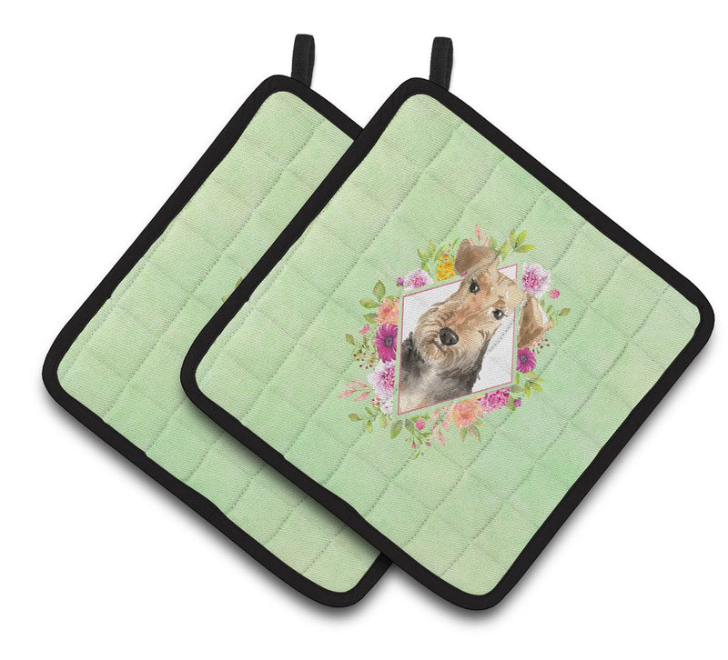 Airedale Terrier Green Flowers Pair of Pot Holders CK4364PTHD