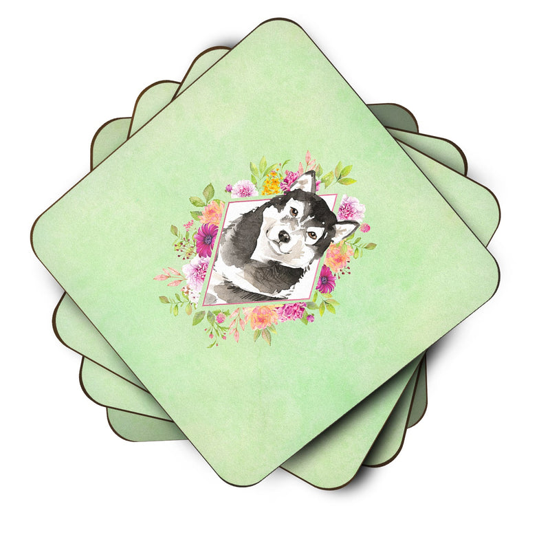 Alaskan Malamute Green Flowers Coasters - Set of 4 Lightweight Foam, Absorbent Drink Coasters  CK4384FC