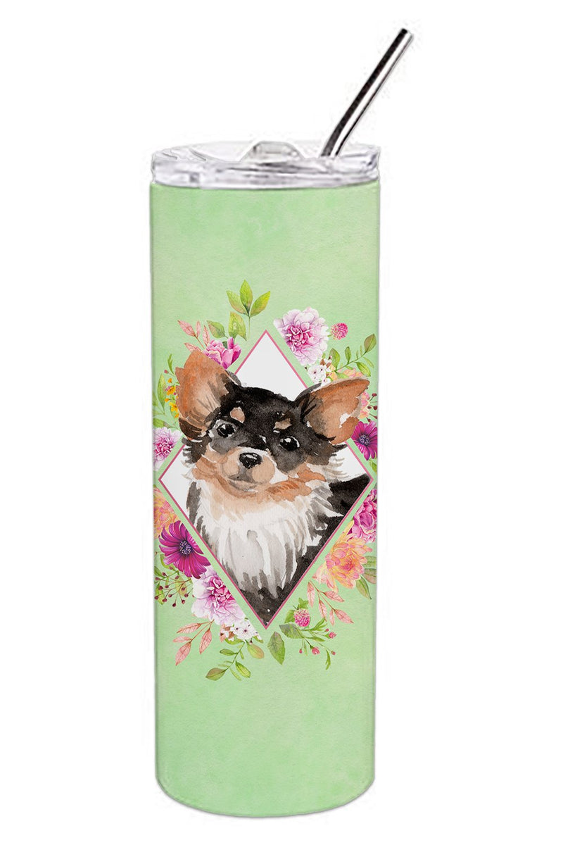 Longhaired Chihuahua Green Flowers Double Walled Stainless Steel 20 oz Skinny Tumbler CK4385TBL20