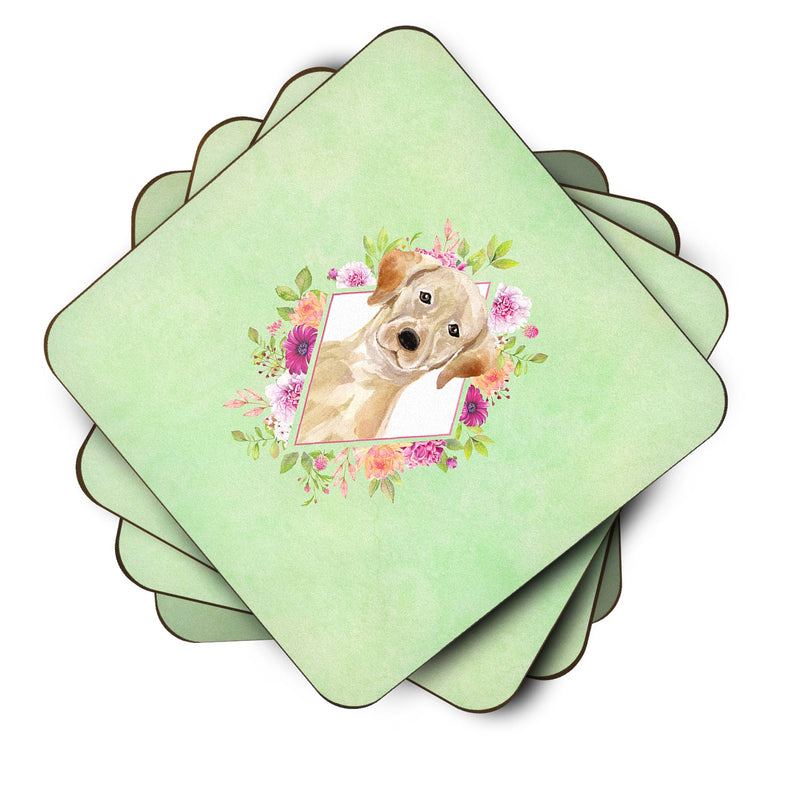 Set of 4 Yellow Lab Green Flowers Foam Coasters Set of 4 CK4387FC