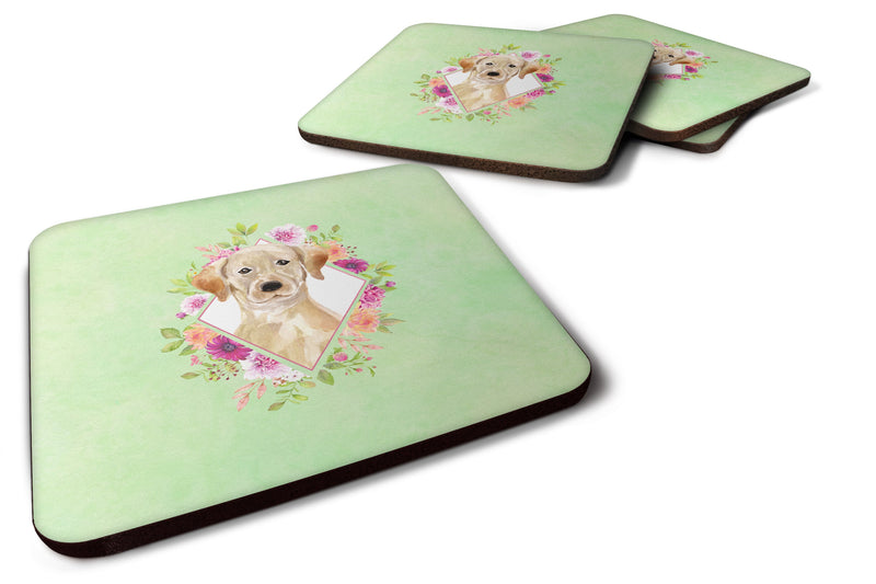 Set of 4 Yellow Lab Green Flowers Foam Coasters Set of 4 CK4387FC