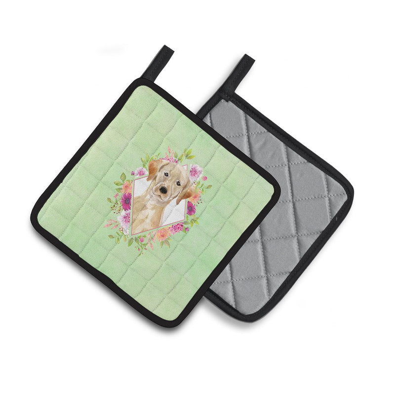 Yellow Lab Green Flowers Pair of Pot Holders CK4387PTHD