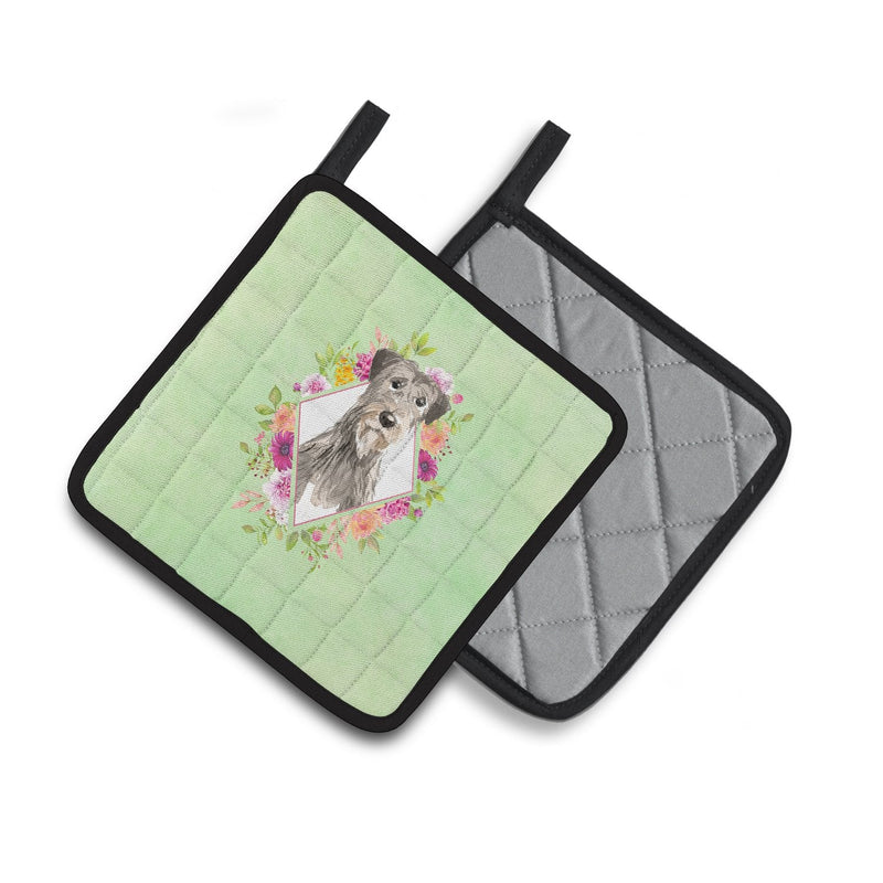 Irish Wolfhound Green Flowers Pair of Pot Holders CK4391PTHD