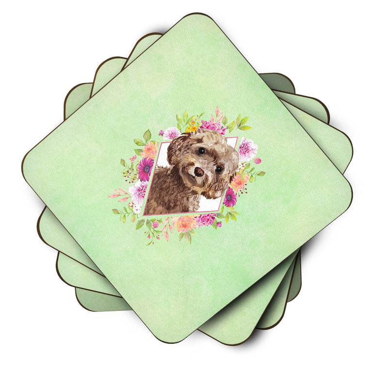 Chocolate Cockapoo Green Flowers Coasters - Set of 4 Lightweight Foam, Absorbent Drink Coasters  CK4413FC