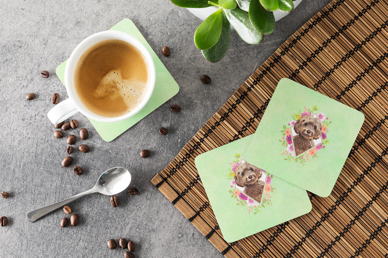 Chocolate Cockapoo Green Flowers Coasters - Set of 4 Lightweight Foam, Absorbent Drink Coasters  CK4413FC