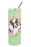 Boston Terrier Green Flowers Double Walled Stainless Steel 20 oz Skinny Tumbler CK4417TBL20