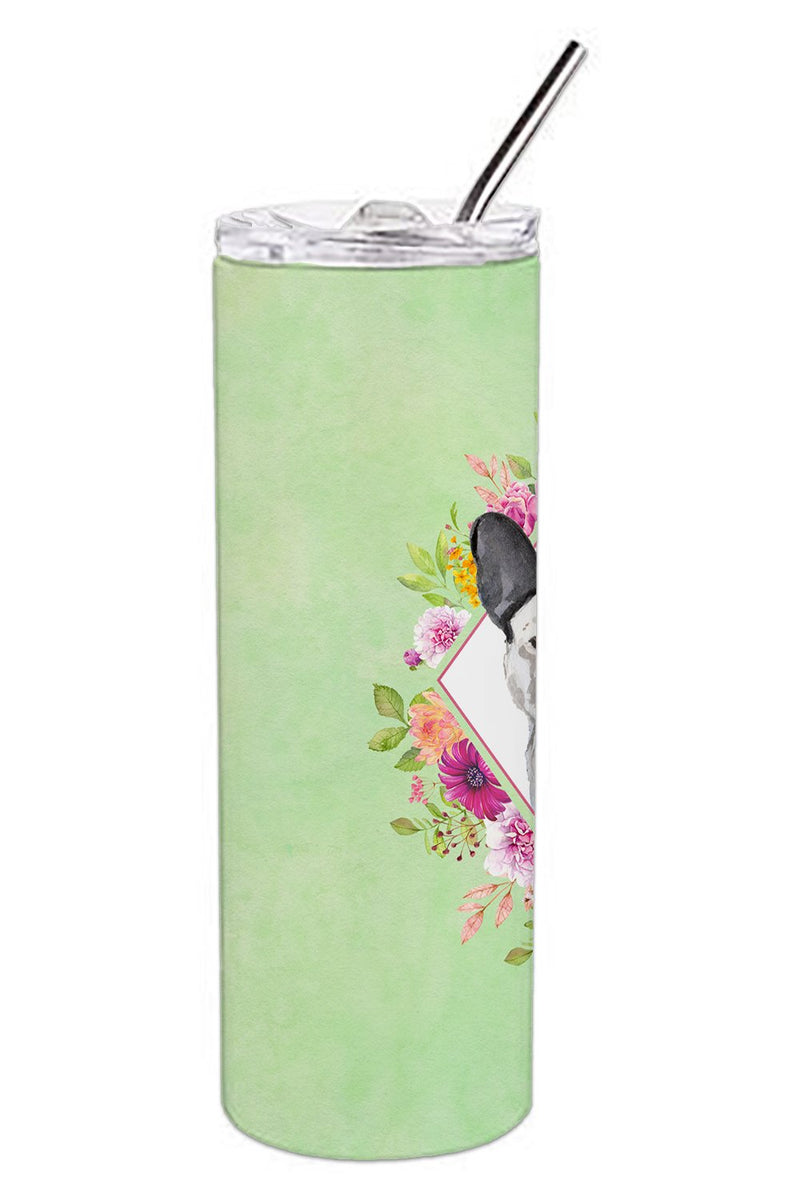 Black and White Frenchie Green Flowers Double Walled Stainless Steel 20 oz Skinny Tumbler CK4420TBL20