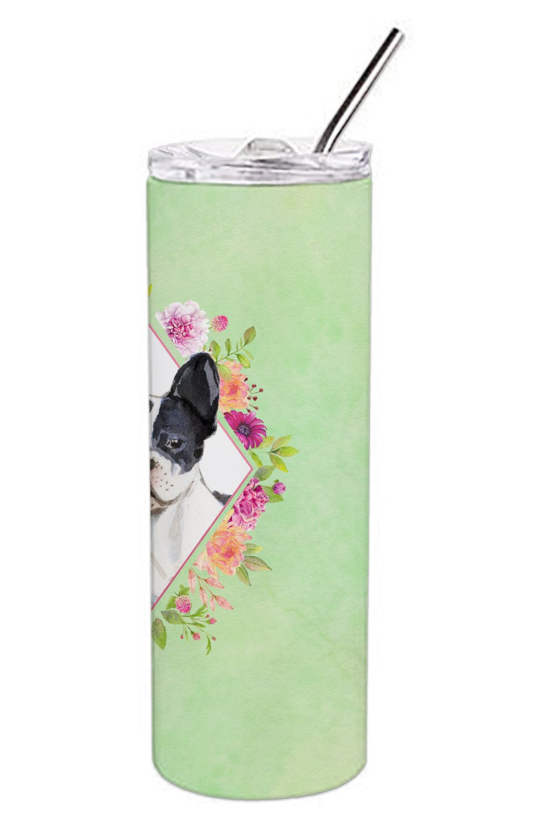 Black and White Frenchie Green Flowers Double Walled Stainless Steel 20 oz Skinny Tumbler CK4420TBL20