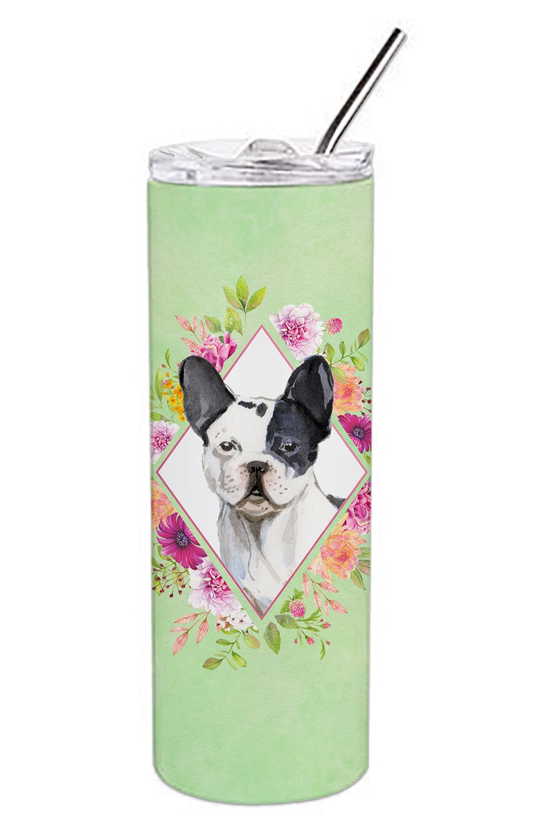 Black and White Frenchie Green Flowers Double Walled Stainless Steel 20 oz Skinny Tumbler CK4420TBL20
