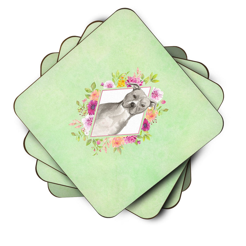 Blue Pit Bull Terrier Green Flowers Coasters - Set of 4 Lightweight Foam, Absorbent Drink Coasters  CK4429FC