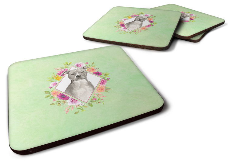 Blue Pit Bull Terrier Green Flowers Coasters - Set of 4 Lightweight Foam, Absorbent Drink Coasters  CK4429FC