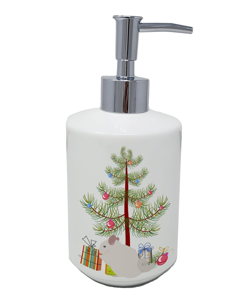 Pink and White Chinchilla Merry Christmas Ceramic Soap Dispenser