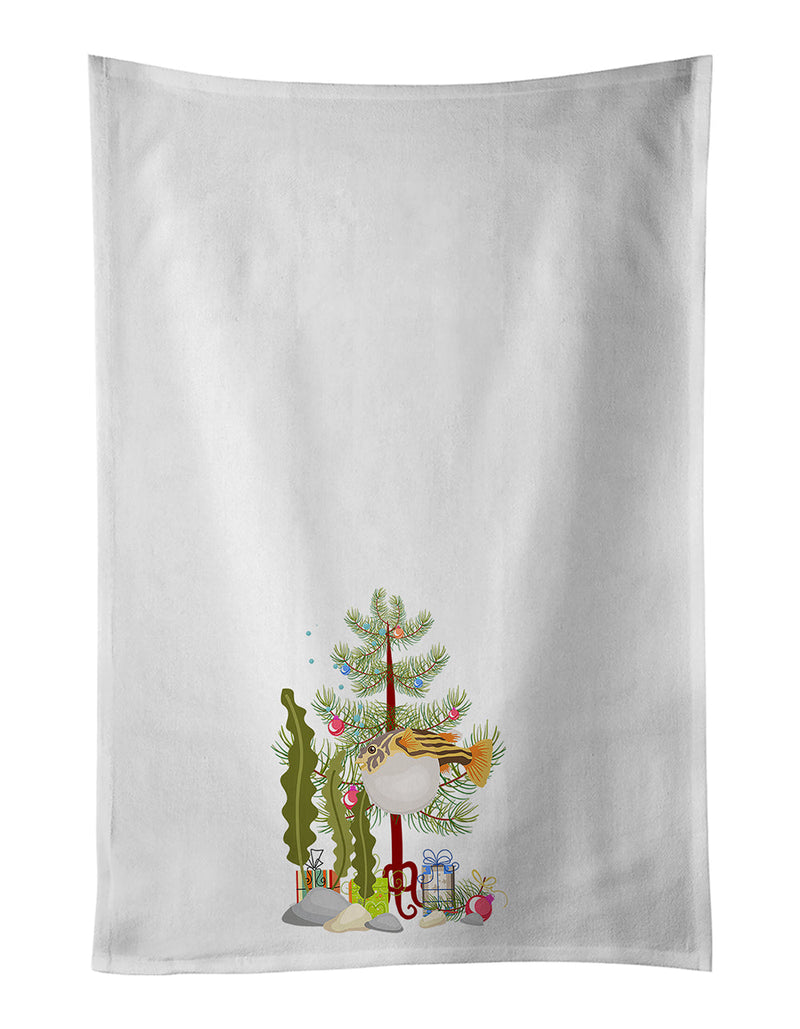 Puffer Fish Merry Christmas White Kitchen Towel Set of 2