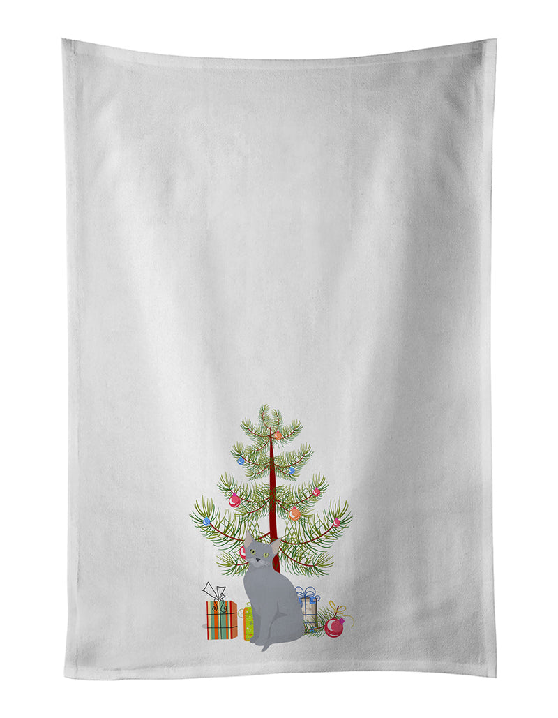 Russian Blue Cat Merry Christmas White Kitchen Towel Set of 2