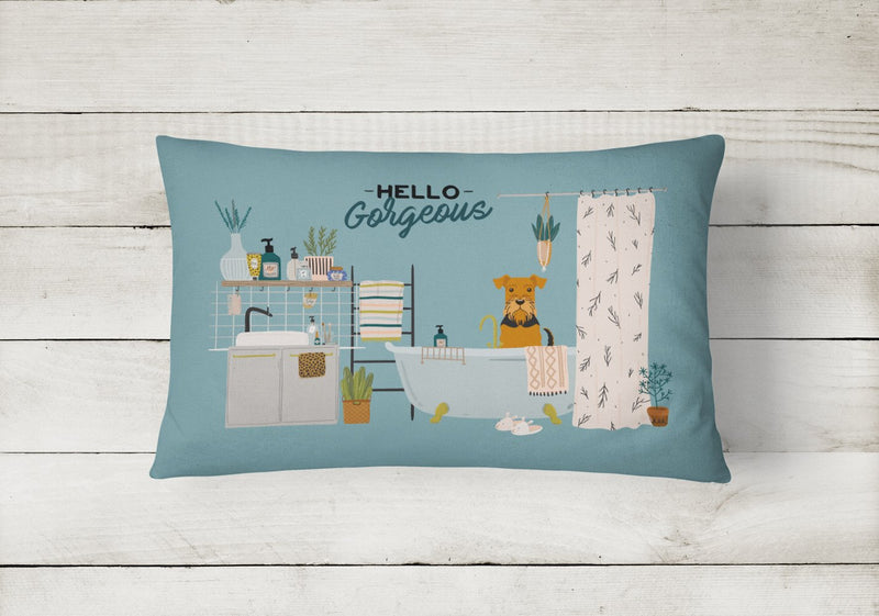 Airedale in Bathtub Canvas Fabric Decorative Pillow CK7463PW1216