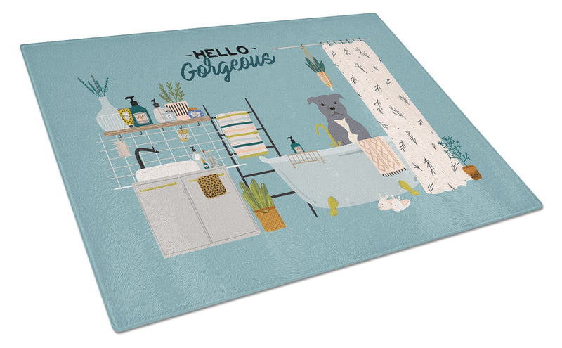 Blue Staffordshire Bull Terrier in Bathtub Glass Cutting Boards – Durable, Decorative Kitchen Art Large CK7468LCB