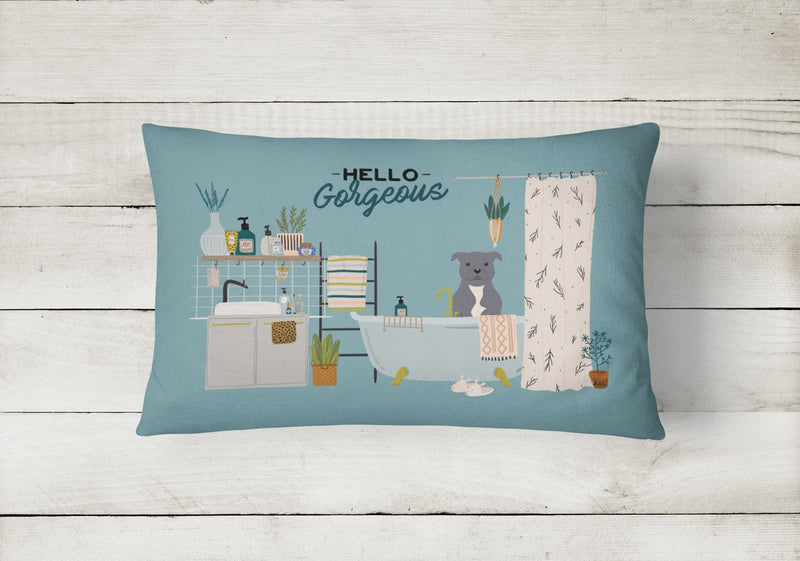 Blue Staffordshire Bull Terrier in Bathtub Canvas Fabric Decorative Pillow CK7468PW1216