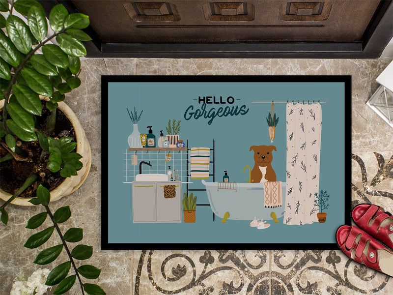 Brown Staffordshire Bull Terrier in Bathtub Doormat - 18x27 Decorative Floor Mat – Indoor/Outdoor Rug with Artistic Flair CK7469MAT
