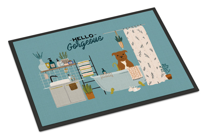 Brown Staffordshire Bull Terrier in Bathtub Doormat - 18x27 Decorative Floor Mat – Indoor/Outdoor Rug with Artistic Flair CK7469MAT