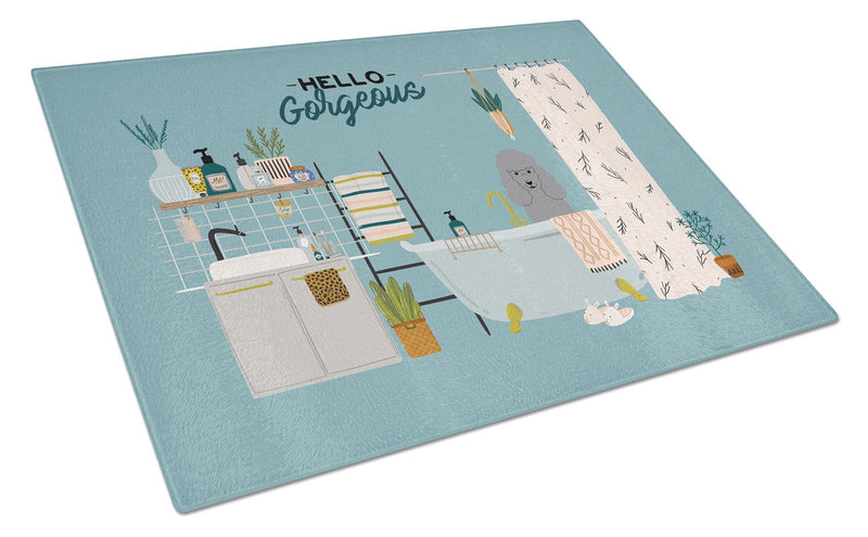 Silver Poodle in Bathtub Glass Cutting Boards – Durable, Decorative Kitchen Art Large CK7490LCB
