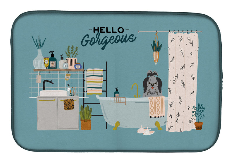 Black Silver Shih Tzu in Bathtub Dish Drying Mat – Absorbent, Artistic Kitchen Essentials CK7511DDM